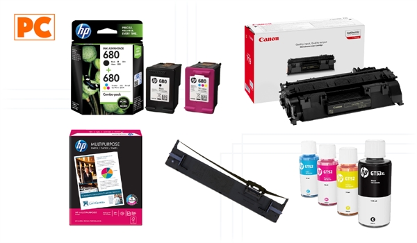 Most common printer consumables: ink cartridges, toner, paper, ink ribbons or ink tanks