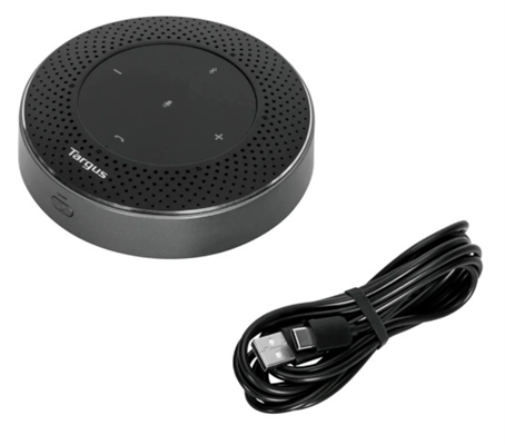 AEM105GL-Black-Targus Premium Wireless BT Conference Speaker-Angled View-Cable