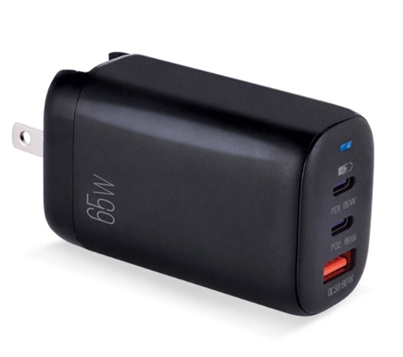 ARG-AC-0126BK-Black-65W GaN III Dual USB-C y USB-A Wall Charger-Front View