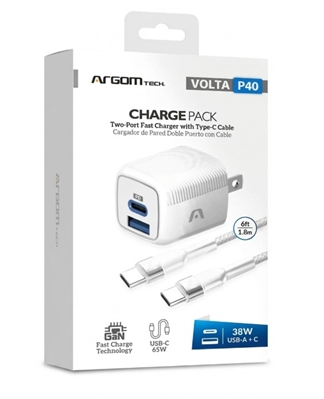 ARG-AC-0155WT-White-Wall Charger-Dual Port Fast Charger GaN 38W-Box
