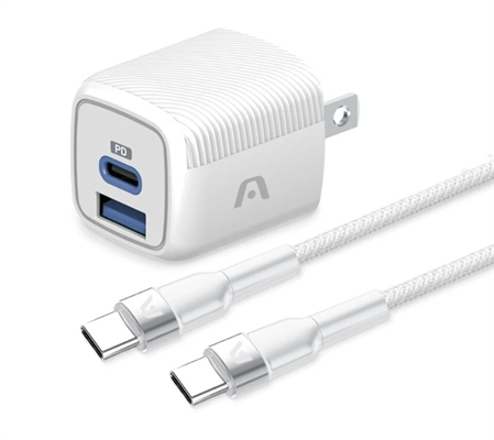 ARG-AC-0155WT-White-Wall Charger-Dual Port Fast Charger GaN 38W-Front View