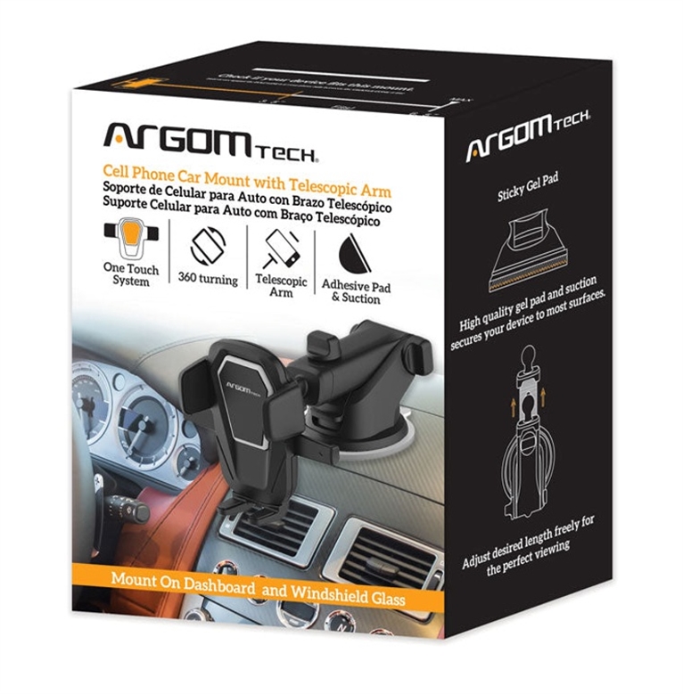 ARG-AC-0310BK Soporte de Celular para Auto con Brazo Telescópico-Vista Caja
