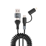 ArgomTech Dura Coil - 4-in-1 Charging Cable, USB-A & USB-C to USB-C & Lightning, 60W Fast Charging, Coiled Design, 1.5m, Black