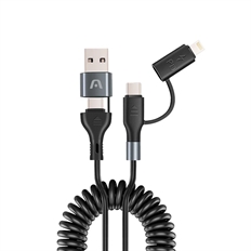 ArgomTech Dura Coil - Cable 4 en 1, USB-A y USB-C a USB-C y Lightning, Carga Rápida 60W, Diseño Enrollable, 1.5m, Negro