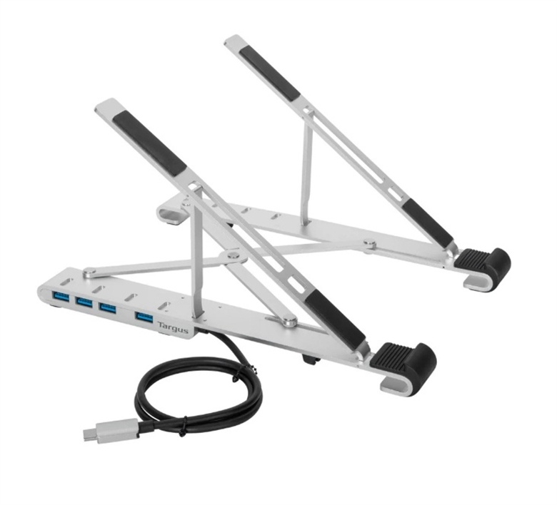 AWU100205GL-Silver-Soporte Portátil para Laptop con Hub USB-A Integrado-Vista Lateral Angular