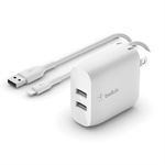 Belkin WCD001dq1MWH - Dual USB-A to Lightning Wall Charger, 24W, Boost Charge, White
