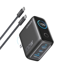Anker Charger - Wall Charger, 100W, 3 Ports, 2 USB-C and 1 USB-A, Smart Display, GaN, USB-C Cable, Black