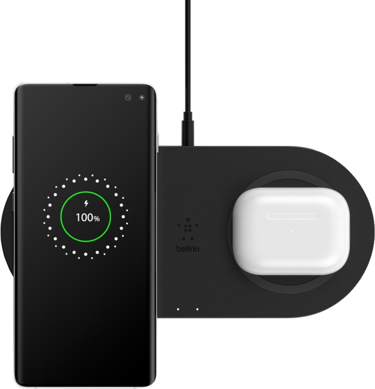 Belkin Dual Wireless Charging Pads upper view phone and earphones