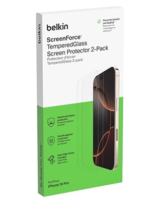 Belkin ScreenForce TemperedGlass Screen Protector for iPhone 16 Pro 2-Pack-Box View