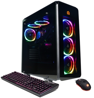 CYBERPOWERPC Gamer Supreme Liquid Cool SLC10200CPGV8 isometric left side with keyboard and mouse