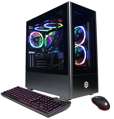 CYBERPOWERPC Gamer Supreme Liquid Cool SLC8960CPGV7 isometric left side with keyboard and mouse