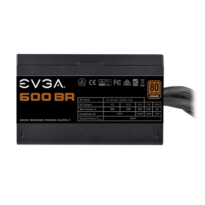 EVGA 600 BR 80 PLUS Bronze Fuente de Poder 600W Vista Lateral con Especificaciones