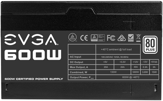 EVGA 600 W1 80 White 600W Power Supply Back View