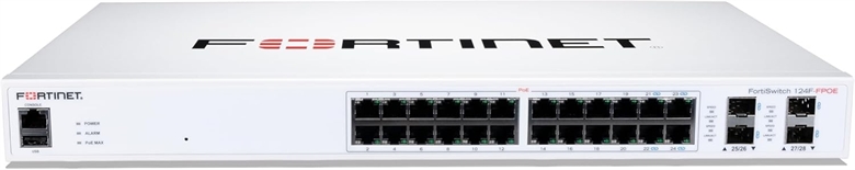 Fortinet FortiSwitch 124F-FPOE-Switch-managed-24-10-100-1000 PoE- 4-10 Gigabit SFP-side to back airflow-rack-mountable-PoE-370 W Front View 1