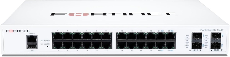 Fortinet FortiSwitch 124F-Switch-managed-24-10-100-1000 -4-10 Gigabit SFP-side to back airflow-rack-mountable Front View