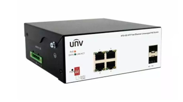 Gris-Switch Industrial PoE de 4 Puertos-Vista Diagonal