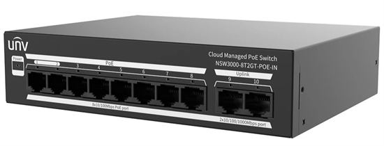 Gray-Uniview 8 Port PoE Cloud Managed Switch with 2 Gigabit Ports-Diagonal View