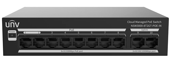 Gray-Uniview 8 Port PoE Cloud Managed Switch with 2 Gigabit Ports-Front View