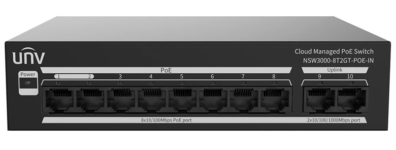 Gray-Uniview 8 Port PoE Cloud Managed Switch with 2 Gigabit Ports-Front View