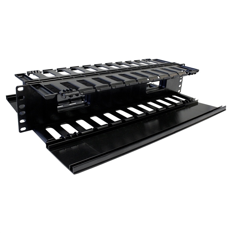 HF19-02-200 Black-Horizontal Finger-Duct Cable Manager 2U 19 Inch-Open Lateral View x2