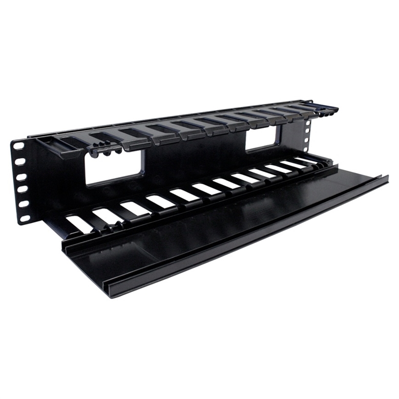 HF19-02-200 Black-Horizontal Finger-Duct Cable Manager 2U 19 Inch-Open Lateral View