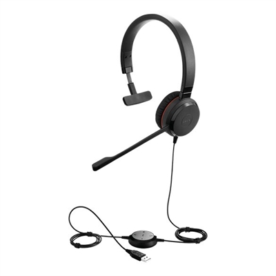 Jabra Evolve 30 II MS Mono Headset Vista Isométrica con Cable