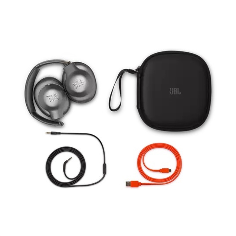 JBL Everest Elite 750NC Wireless Headset Top View with Cables and Case