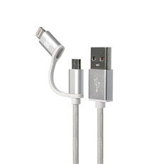 Klip Xtreme KAC-210  - USB Cable, Lightning & Micro USB Male to USB Type-A Male, USB 2.0, 1m, Silver