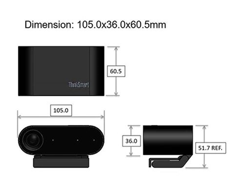 Lenovo ThinkSmart Cam Cámara Web de Conferencia 4K 30fps Vista de Dimensiones