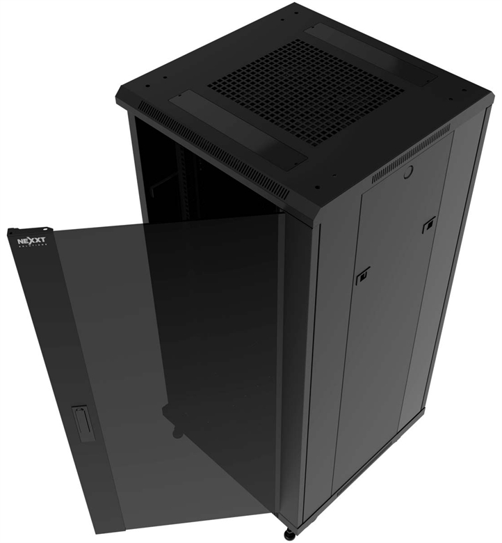Nexxt Solutions PCRFCSKD25U60BK Wheeled Floor Cabinet with Tempered Glass Door Isometric View
