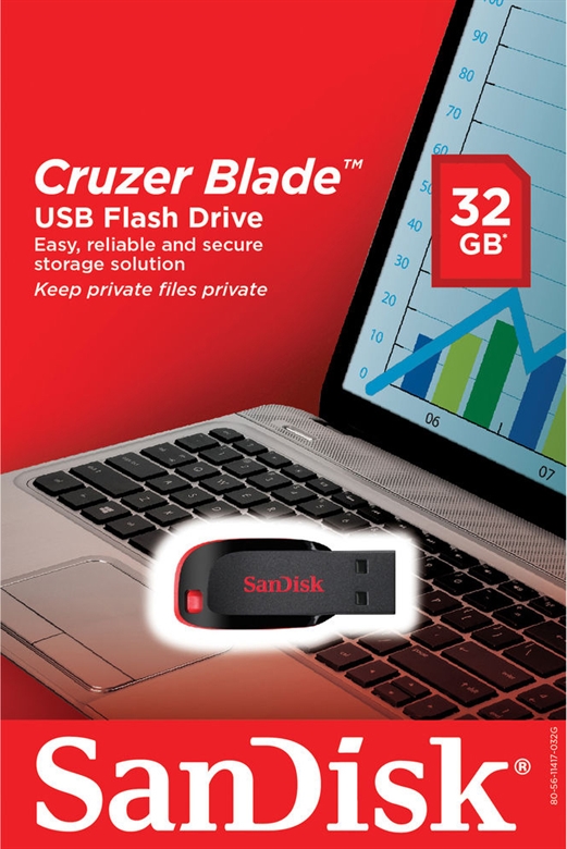 SanDisk Cruzer Blade USB 32GB Flash Drive Black and Red Package