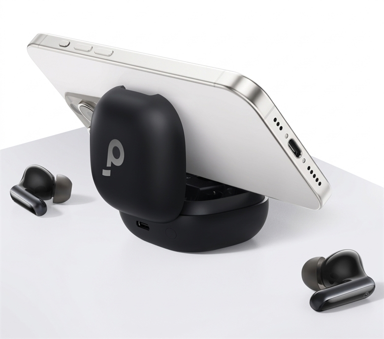 True Wireless Earbuds with Adaptive Noise Cancelling and Smart Charging Case-Phone stand view