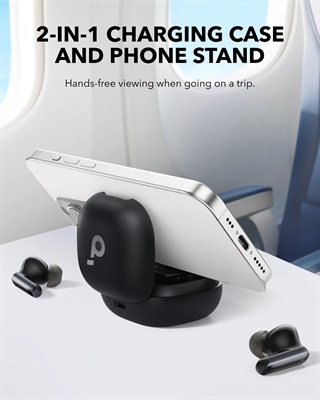 True Wireless Earbuds with Adaptive Noise Cancelling and Smart Charging Case-Phone stand view