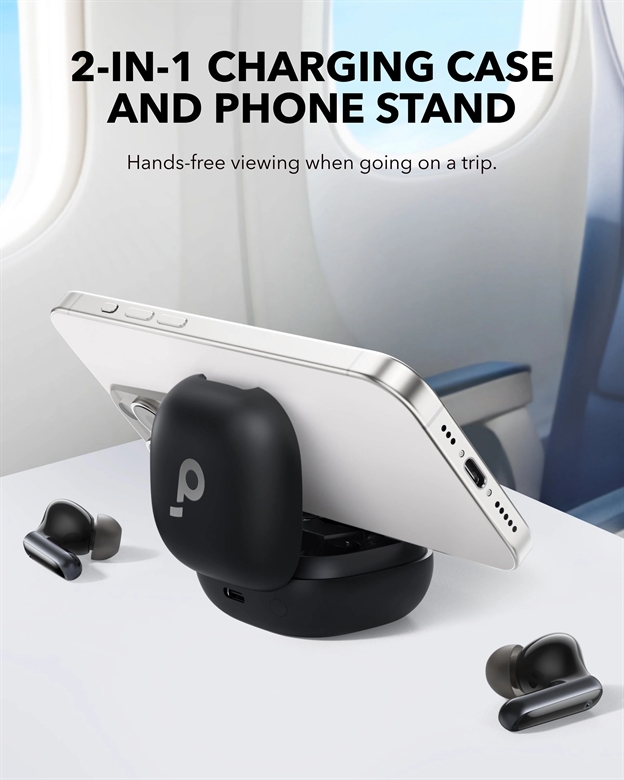 True Wireless Earbuds with Adaptive Noise Cancelling and Smart Charging Case-Phone stand view