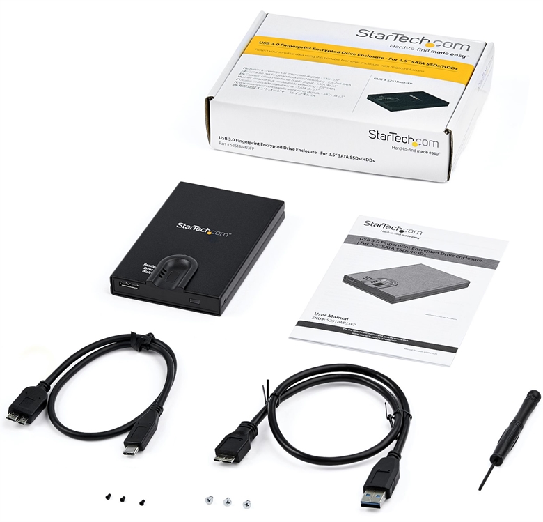 StarTech.com S251BMU3FP 2.5" Biometric Encrypted Hard Drive Enclosure Package Contents