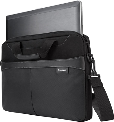 Targus Business Casual Maletin para Laptop, Negro, 15.6" TSS898LP-70 Vista Lado Derecho con Laptop