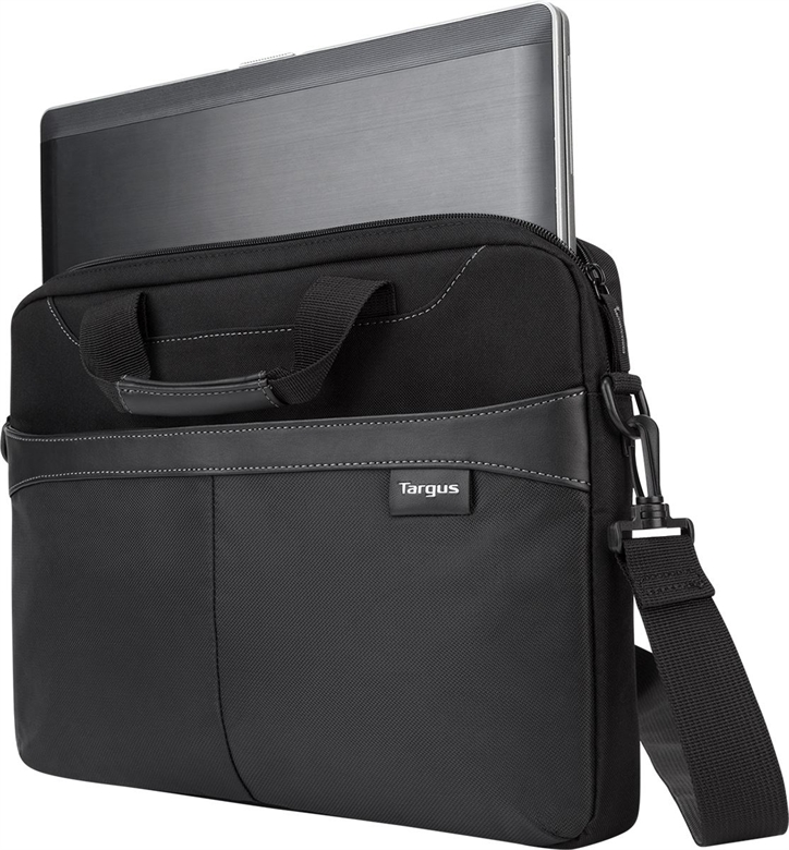 Targus Business Casual Maletin para Laptop, Negro, 15.6" TSS898LP-70 Vista Lado Derecho con Laptop