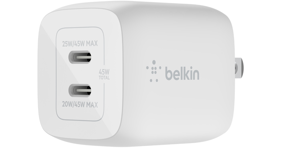 Belkin WCH011DQWH Dual USB-C GaN Wall Charger with PPS 45W