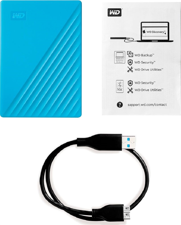Western Digital My Passport 2TB Azul Vista Contenido del Empaque