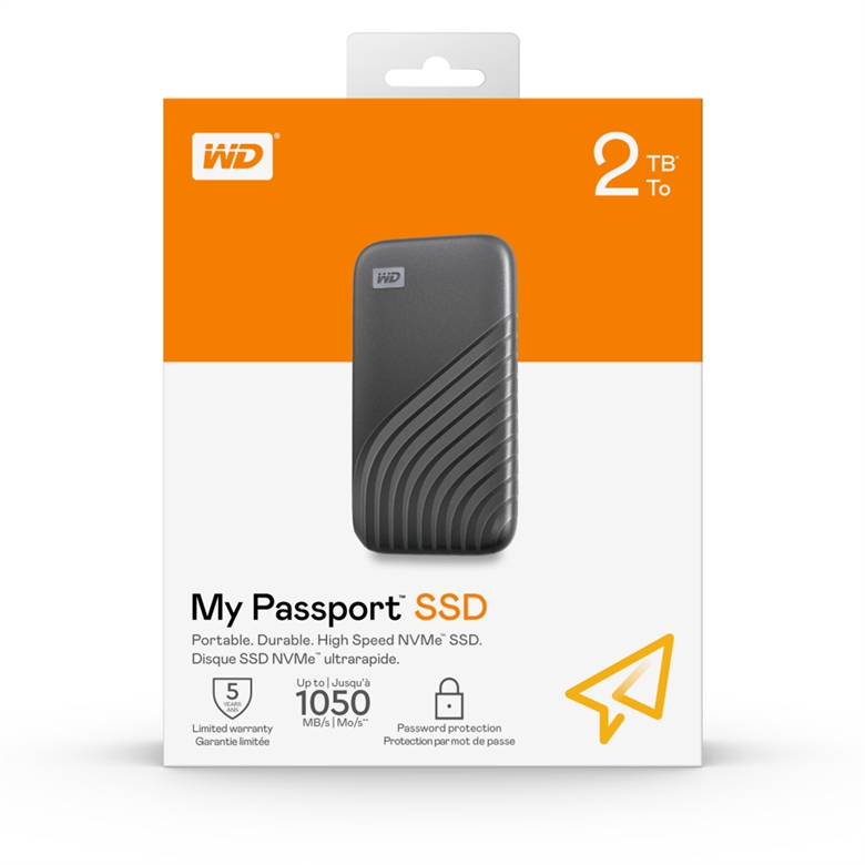 Western Digital My Passport SSD wdbagf0020bgy-wesn box view