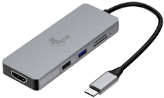 Xtech XTC-564 - Adaptador Multipuertos 5 en 1, USB-C Macho a HDMI, Ranuras USB-A, SD y MicroSD, Gris