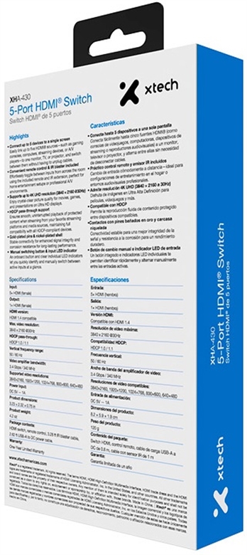 Xtech-5-port to 1 HDMI switch-4KUHD w remote control XHA-430 Box View 5