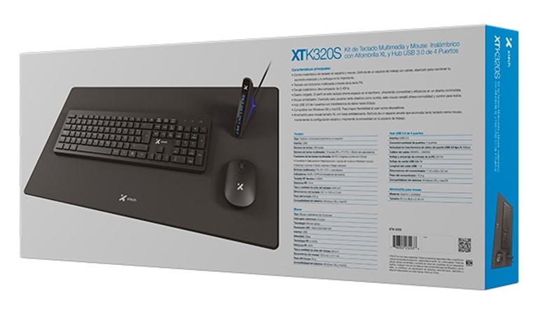 Xtech - MM Keyboard wls mouse wls mouse pad XL and USB 3 0 Hub Kit Spanish Front View 4
