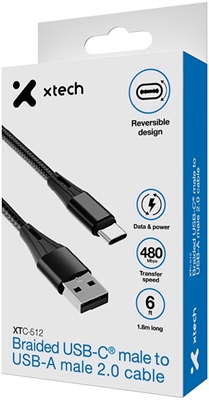 Xtech USB cable 4 pin USB Type A 24 pin USB-C 1 8 m Black Braided-XTC-512 Box View 2