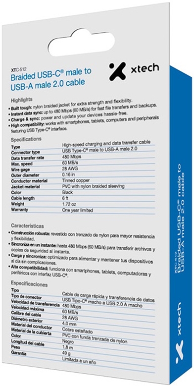 ech USB cable 4 pin USB Type A 24 pin USB-C 1 8 m Black Braided-XTC-512 Box View 3