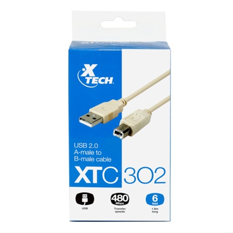 Xtech XTC-302 White USB Cable Type-A Male to USB Type-B Male Package View